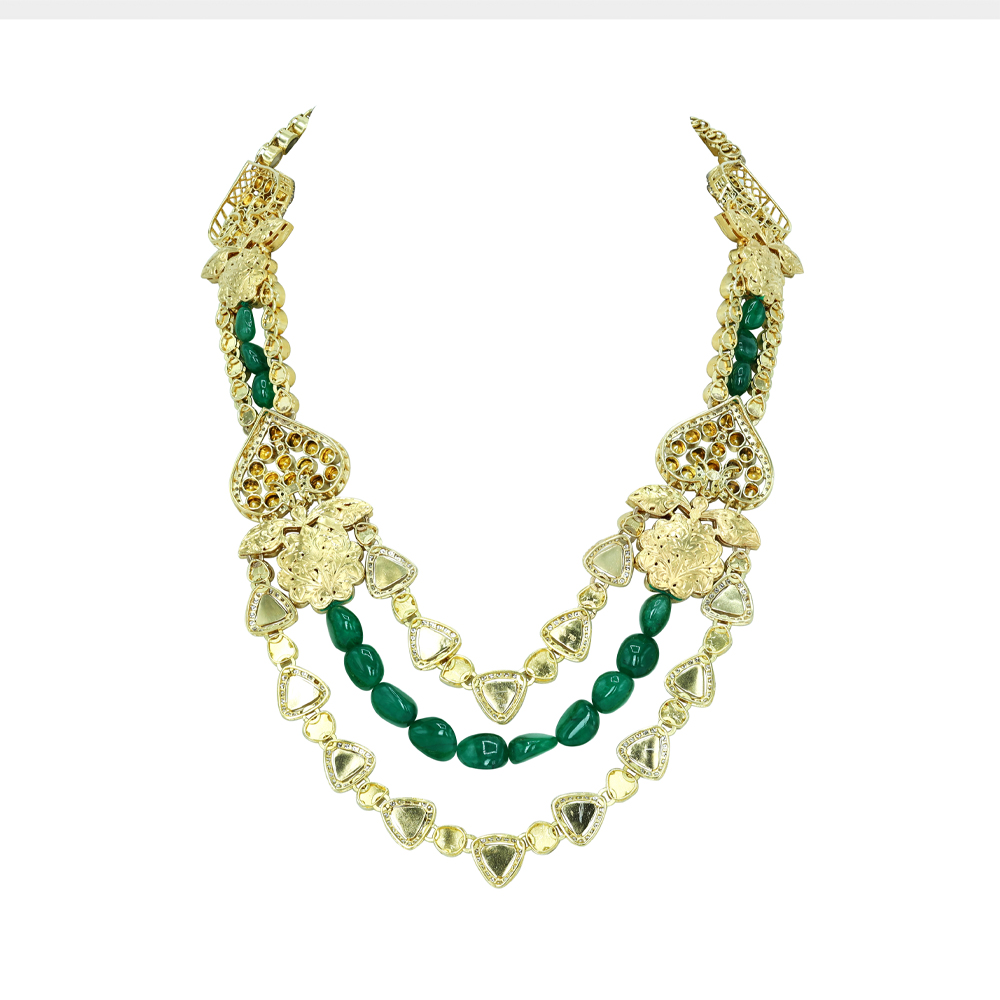 Layered Polki Necklace with Emerald Maniya and Floral Motifs